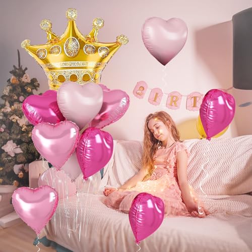 Image of Pink Mixed Heart and Crown Balloon Galentines Valentines, Gold Large Crown Foil Balloons with Hot Light Pastel Pink Heart Shape Mylar Balloon Set for Girls Princess Queen Pink Party Decoration