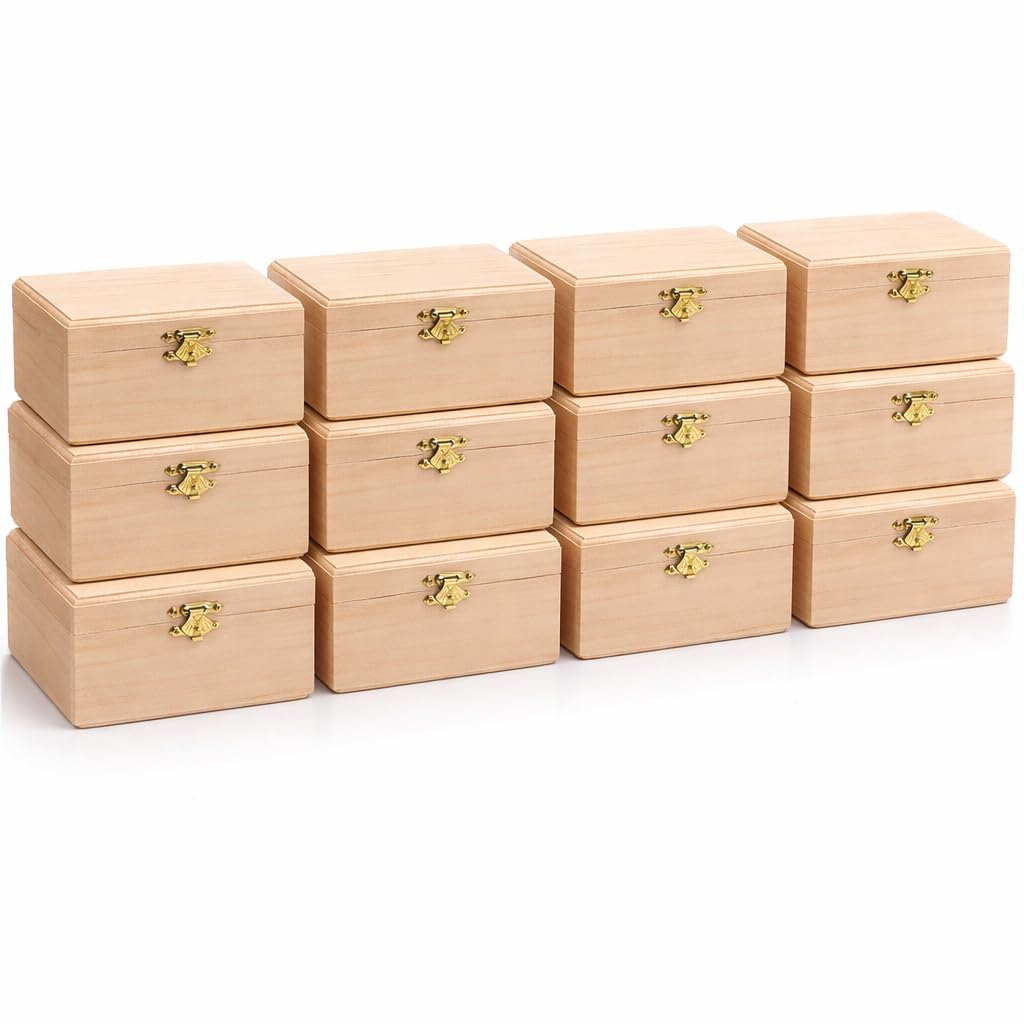 12 Pc Unfinished Rectangle Wood Boxes, Natural DIY Craft Stash Boxes with Hinged Lid and Clasp, Ideal for Arts, Crafts, Hobbies, Jewelry, and Keepsake Storage