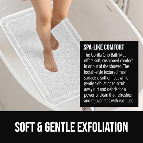 Image of GORILLA GRIP Exfoliating Bath and Shower Mat, Textured Backing, 35x16 Soft Loofah-Style Foot Scrubber for Outside or Inside Bathtub, Quick Dry Easy Drainage Tub Floor Mats, Bathroom Essentials, White