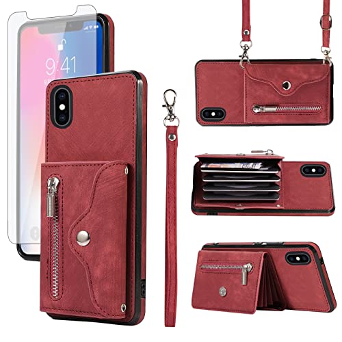 Étui portefeuille pour iPhone Xs anti-chute avec dragonne de sécurité rouge