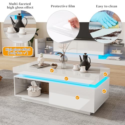 ModernLuxe High Glossy LED Coffee Table with Storage Drawer and Open Display Shelf, Stylish Wooden Rectangle Side Tables for Living Room, RGB LED Lights with Multiple Color Options, White - Image 5