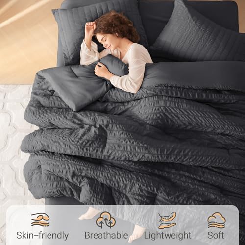 Image of MUXHOMO 7 Pieces Oversized King Comforter Set, Seersucker Bed in a Bag Oversized King Size, All Season Luxury Bedding Set with Comforter, Flat Sheet, Fitted Sheet, Pillowcases & Shams, Dark Grey
