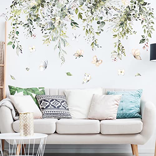 Supzone Hanging Green Leaves Wall Decals - Watercolor Plants Stickers, Large Floral Butterfly Decor, DIY Vinyl Mural Art for Bedroom, Living Room, Offices, Sofa, TV Backdrop