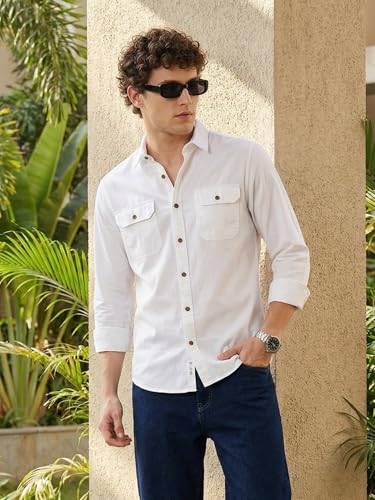 Image of IndoPrimo Men's Cotton Shirt with Stylish Flap Pockets Full Sleeves Spread Collared Neck Solid Pattern Western Style Classic Fit and Standard Length