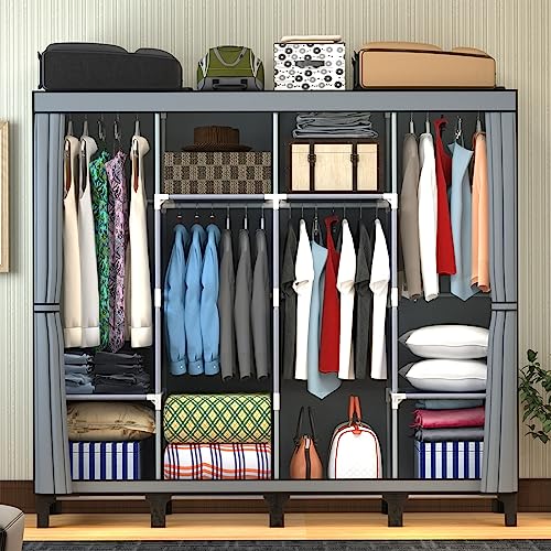 LOEFME Canvas Wardrobe, Four-column Portable Wardrobes for Bedroom, 165 * 45 * 175 cm New Base Design Fabric Wardrobe, Large Storage Space Foldable wardrobe, Grey - Image 3