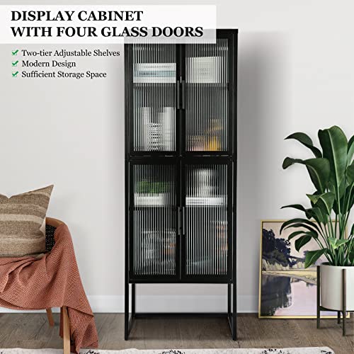 Ikayaa Tall Fluted Glass Storage Cabinet With 4 Doors And 4-Tier Adjustable Shelves Metal Display Cabinet Freestanding Cupboard Bookcase For Kitchen Living Dining Room Office Entryway Black #TOP6