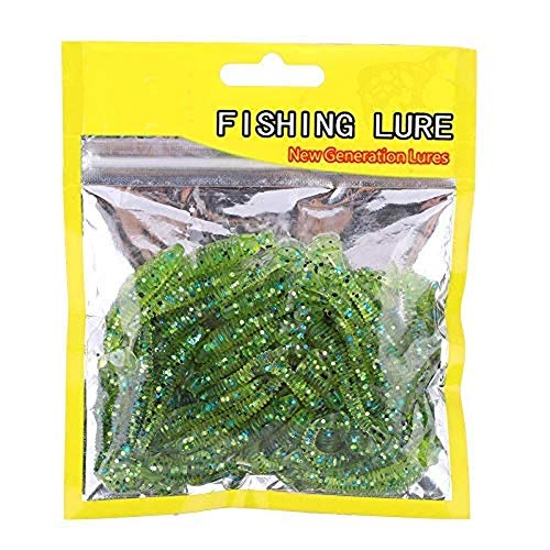 Lot de 50 leurres de pêche souples de 5 cm avec queue en T pour bar, truite, brochet, doré et eau douce salée (vert) Cover