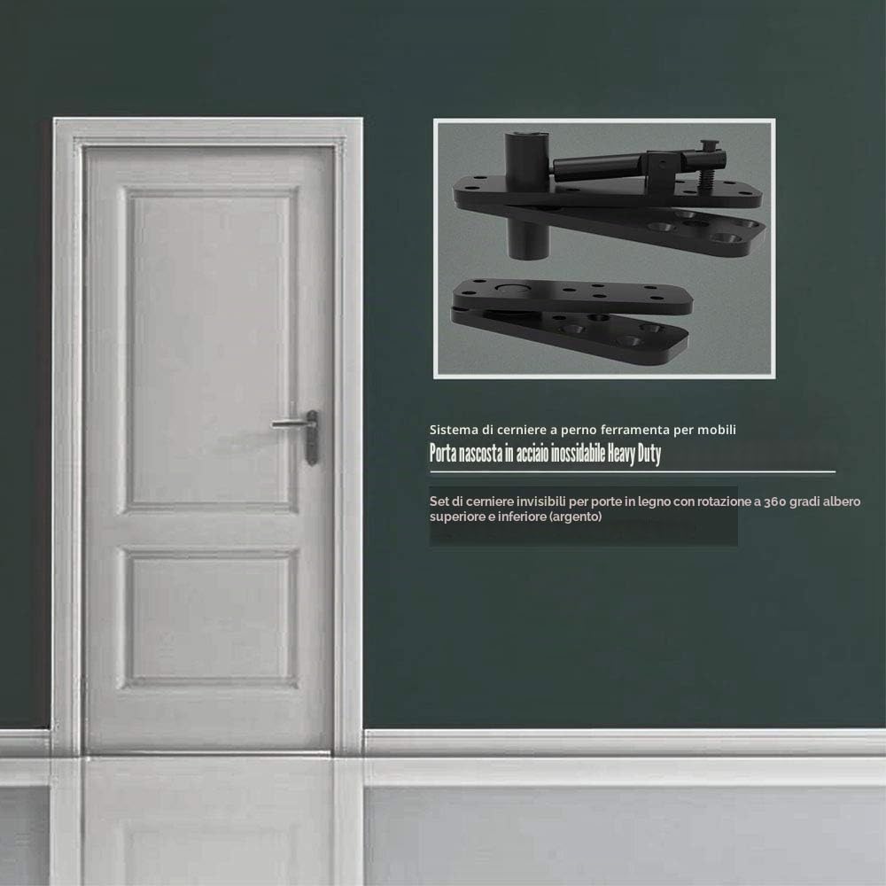 FRMSAET Sistema di cerniere a bilico per porte nascoste Rotazione a 360 gradi Cerniere per porte invisibili in legno impostate sull'albero. (Grande, nero)