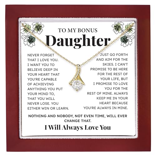 To My Bonus Daughter Necklace Gift, Step Daughter Gifts From Mom Or Dad, Alluring Beauty Necklace Gifts For Stepdaughter, Birthday, Gift For Graduation, Necklace With Meaningful Message Card And Box