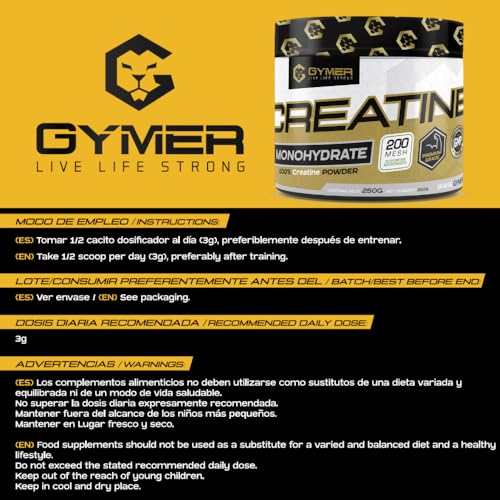 GYMER Creatina Monohidratada, Creatina en Polvo Monohidrato, Creatina Monohidrato, Monohidrato de Creatina, 250gr, Mejora Rendimiento Físico | Diferentes Sabores (250gr, Neutro) - Imagen 6