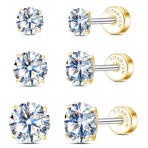 Limerencia Moissanite Stud Earrings, 3 Pairs Titanium Screw Back Earring, D Color VVS1 Clarity Lab-created Moissanite Earrings, Hypoallergenic G23 Pure Titanium for Women Men Sensitive Ears