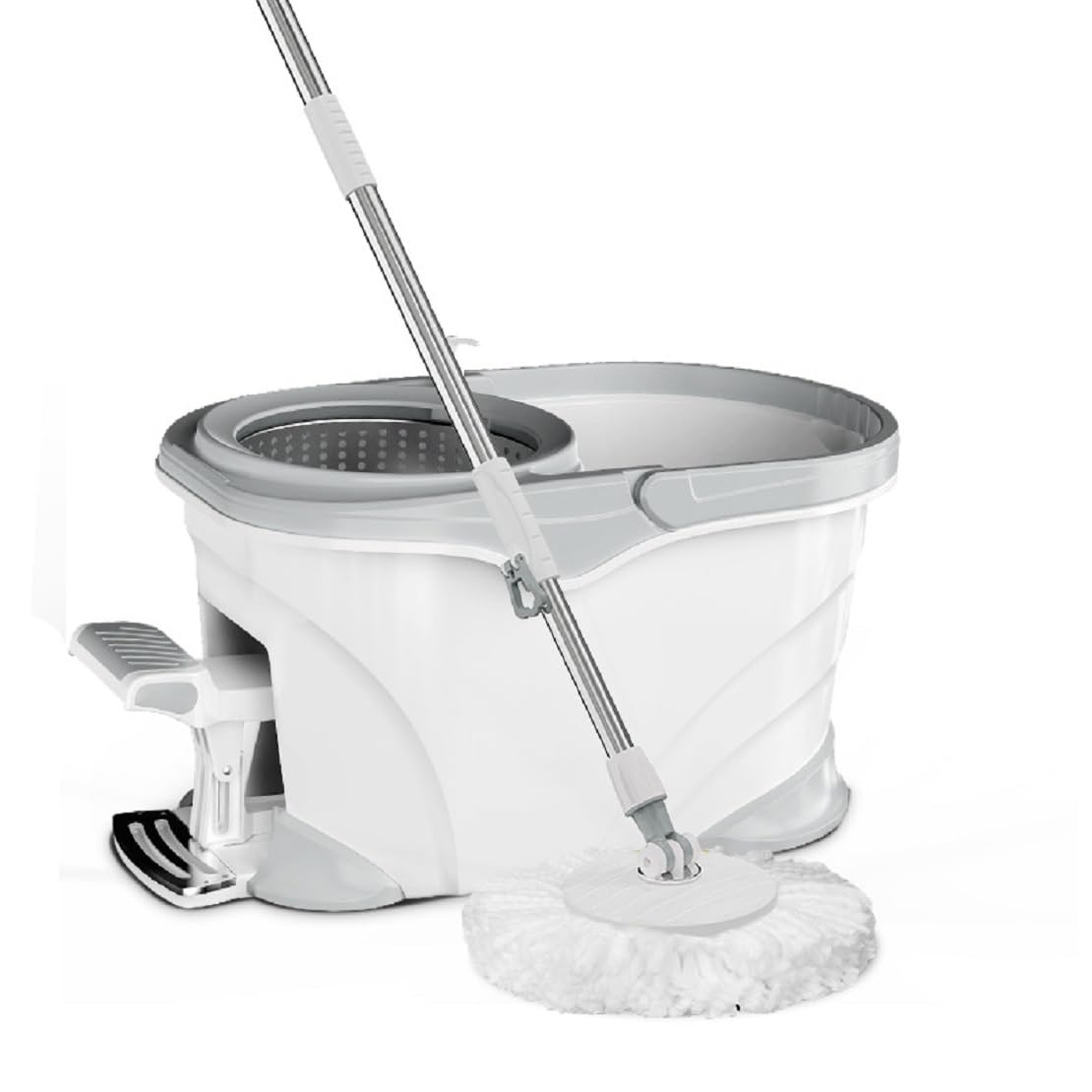 Cubo Fregona Autoescurrible con Pedal Y Fregona Giratoria 360º con 2 Cabezal De Microfibra - Mango Telescópico para Limpieza del Hogar - Cubo Y Fregona Escurrefacil,Blanca