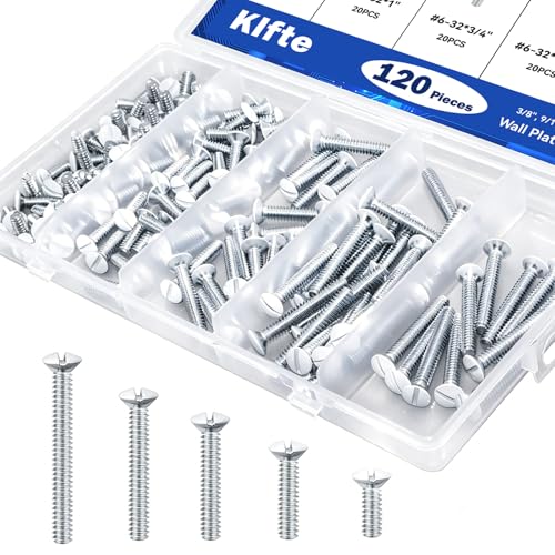 Klfte 120 pcs Wall Plate Screws White Outlet Screws 6-32 Thread Light Electrical Cover Panel Switch Plate Screws 5 Length Sizes (3/8 9/16 3/4 1 1.2)