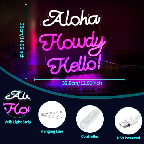 Image of Hello Neon Sign for Wall Decor Howdy Light Up Sign Aloha Led Signs for Room Party Home Wall Decor USB Powered