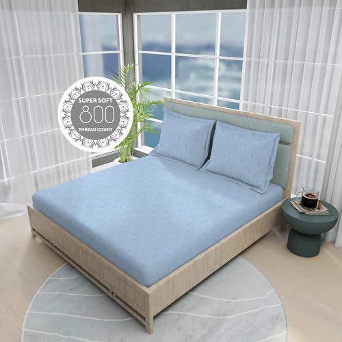 Image of BOUTIQUE LIVING India Radiance Cotton Blend 825 CVC Blue King Bedsheet with 2 Pillow Covers