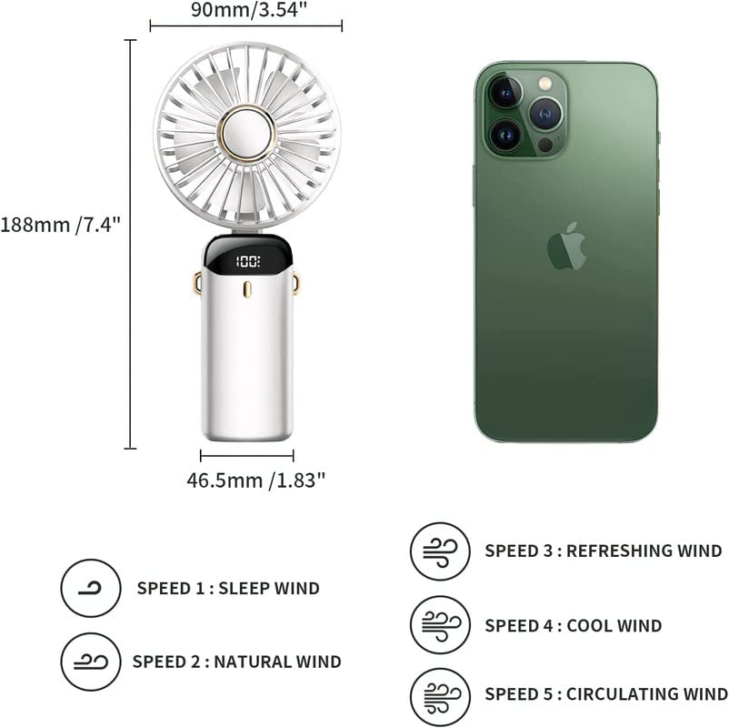 Image of Rechargeable Portable Handheld Fan,3000mAh Battery Operated Mini Fan,5 Speeds and LED Display,Long Lasting Desk Fan for Office,Bedroom,Outdoor Activities and Travel (White)