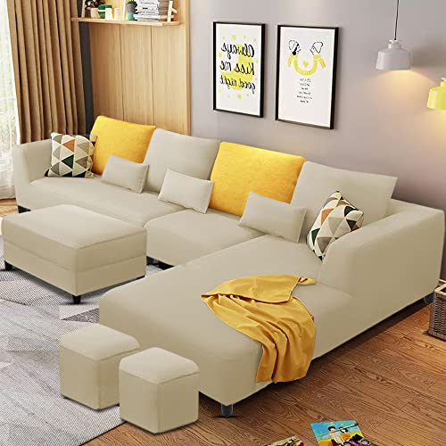 Image of Galib RHS 8 Seater L Shape Sofa Set with Ottoman & 2 Puffy for Living Room (Cream) Premium Fabric