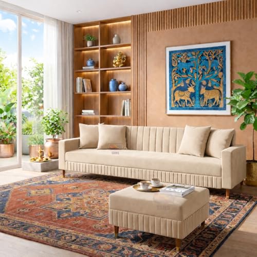 Image of SRMS Solid Wood 4 Seater L Shape Velvet Fabric Sofa Set with Four Cushions | Perfect for Home Office Guests Living Room | Sofa Set for living Room | 74 x 32 x 30 inches | Beige
