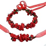 AiSi Blumenkranz mit Armband, Handgelenk Band Haarband Set, Stirnband Haarkranz Blumen Krone Boho Style für Festival Hochzeit Braut Brautjungfer Party (Rot)