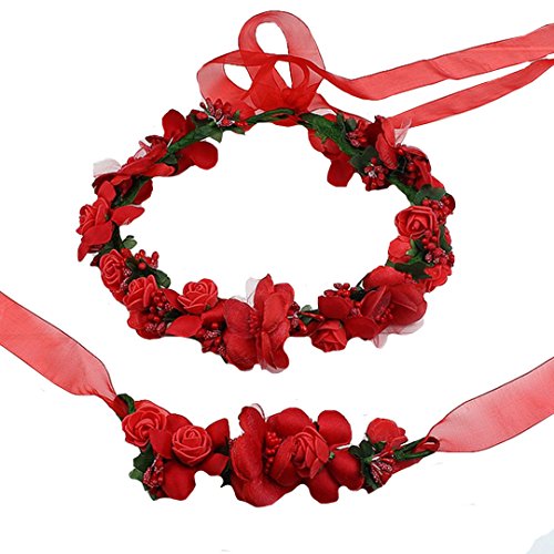 AiSi Blumenkranz mit Armband, Handgelenk Band Haarband Set, Stirnband Haarkranz Blumen Krone Boho Style für Festival Hochzeit Braut Brautjungfer Party (Rot)