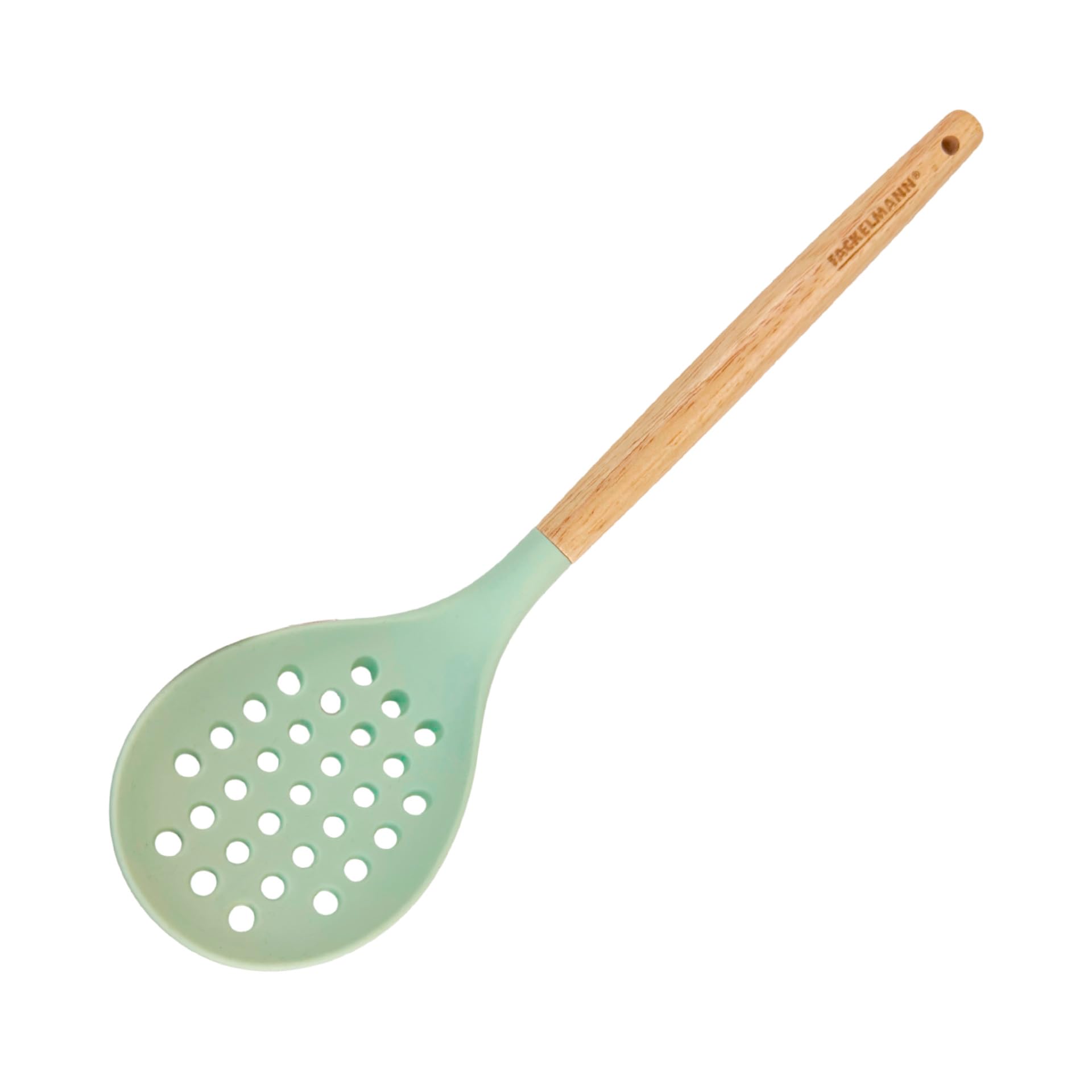 Fackelmann Ocean Espumadera de Silicona, Núcleo Rígido de Acero, Mango de Madera Antideslizante y Ergonómico, Apta para Freír y Espumar, Apta para Lavavajillas, 32x8 cm, Verde Agua, 1 ud.