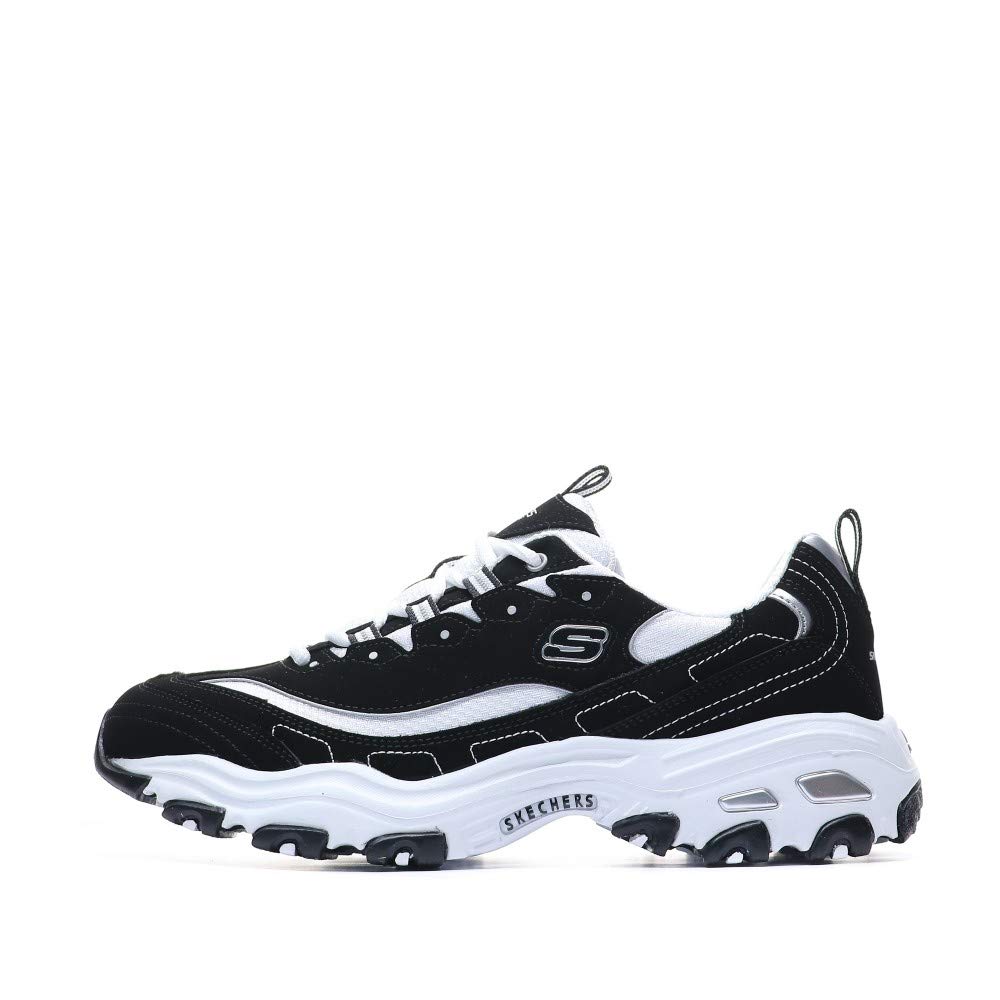 Skechers Women's D'lites Biggest Fan Sneaker, Black Trubuck White Mesh Silver Trim, 7 UK