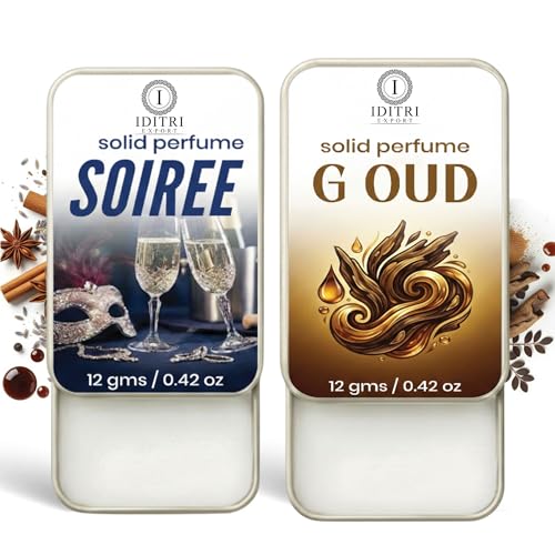 Image of IDITRI EXPORT Solid Perfume |Soiree&G oud Alcohol Free Wax Perfume Balm, Long Lasting | Pocket Tin 12g, Pack Of 2| Non Greasy Smooth Glide, Travel Friendly Men And Women