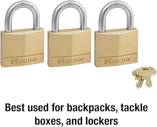 Miniatura 2 de Master Lock 140TRI Candado de latón macizo con llave, paquete de 3, dorado