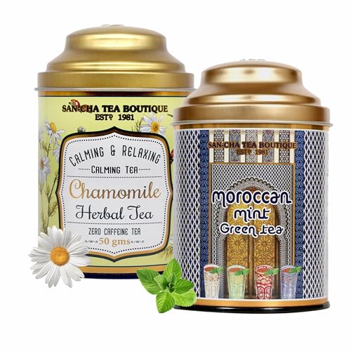 Image of Sancha Tea Boutique, Tea Combo Pack: Chamomile Herbal (50g), Caffeine Free Herbal Tisane & Moroccan Mint Green Teas (100g), Refreshing & Calming Drinks