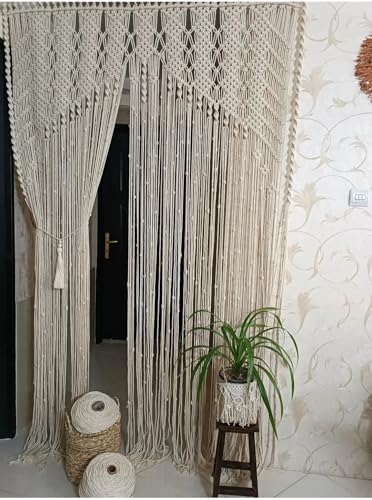 Image of Macrame Window Curtains, 7 Feet Length, Woven Boho Panel Macrame Door Curtain Long Doorway Curtain Macrame Wall Hanging Bedroom Wall Decor Boho Wall Art Size W 40 * 84 L