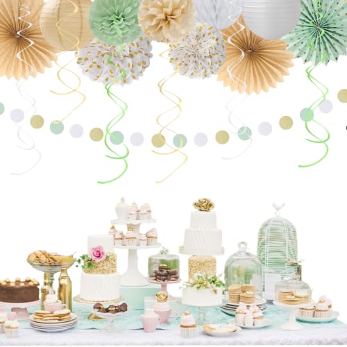 Image of Champagne-Gold White Sage-Green Women Birthday Decorations Huglony | 21pcs Boho Party Happy Banner,Streamers,Paper Lanterns,Pom Poms Fans 13th 18th 21st 30th 40th 50th 60th Birthday Backdrop