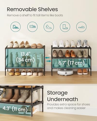 Image of SONGMICS 3-Tier Shoe Rack for Closet, Compact Metal Shoe Organizer Shelf for Entryway, Bedroom, Small Spaces, Stackable, 11.8 x 24.5 x 19.1 Inches, Black ULSA123BH01