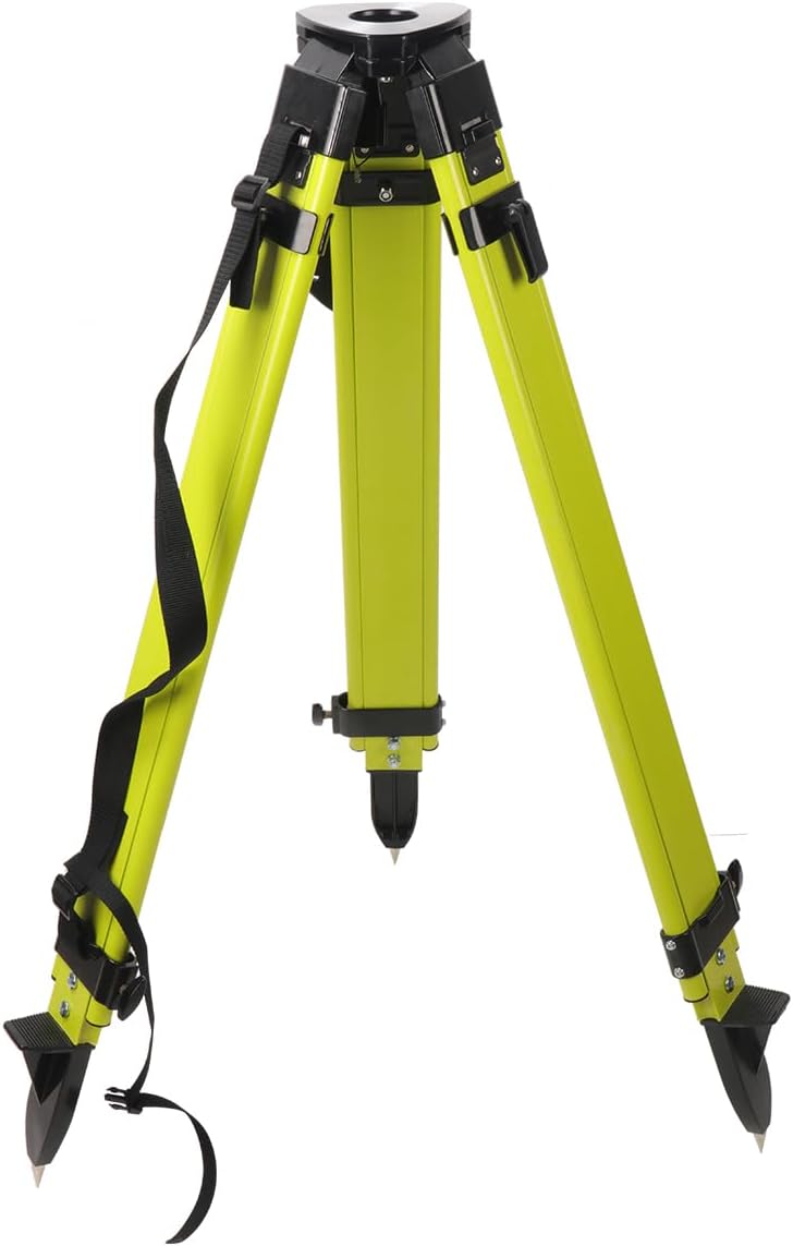 Fiberglass Surveying Tripod, Heavy Duty Yellow Fiberglass and Wood Tripod with Dual Clamp and Copper Center Screw for Robotic Total Stations and Theodolite (Flat Head-B)