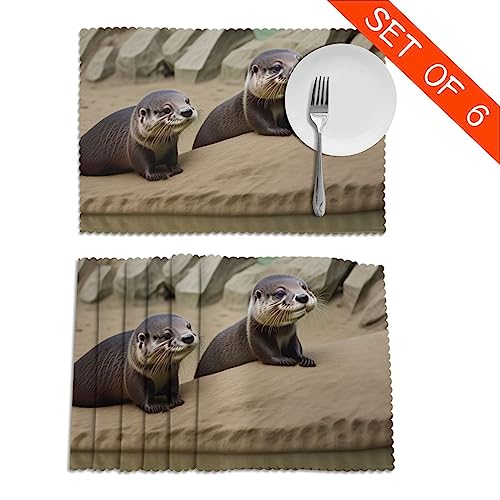 Otter Placemats Set Of 6, Washable Polyester Placemat, Rectangular Heat Insulation Dining Table Decoration 12" X 18" #TOP3
