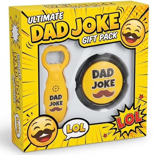Dad Joke Gift Set | Dad Joke Button & Talking Dad Joke Bottle Opener | Funny Gag Gift for Dad and Grandpa | Fathers Day Birthday Christmas Gift Unique Present from Daughter or Son | White Elephant