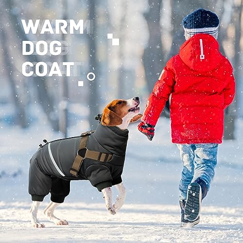 Image of BRKURLEG Black Dog Coat with Harness, Dog Winter Jacket, Dogs Onesie Body Warm Jackets, Small Dogs Winter Coats Reflective Windproof Warm Cold Weather Coats, Pet Waterproof Jacket Hiking M