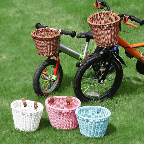 Ailovone Fahrradkorb für Kinder Fahrradkorb Geflochten Kinder Vorne Kinderfahrradkorb Vorne Geflochten aus Kunststoff mit Lederriemen Abnehmbar Korb Fahrrad Zubehör für Junge und Mädchen (Bunt)
