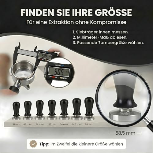 Foto von scarlet espresso | Kaffee Tamper »Perfetto« – Espresso Tamper auf 35 lbs Anpressdruck kalibriert, Edelstahlbasis & aluminium Griff – Kaffeestampfer für gleichmäßige Extraktion – 53 mm