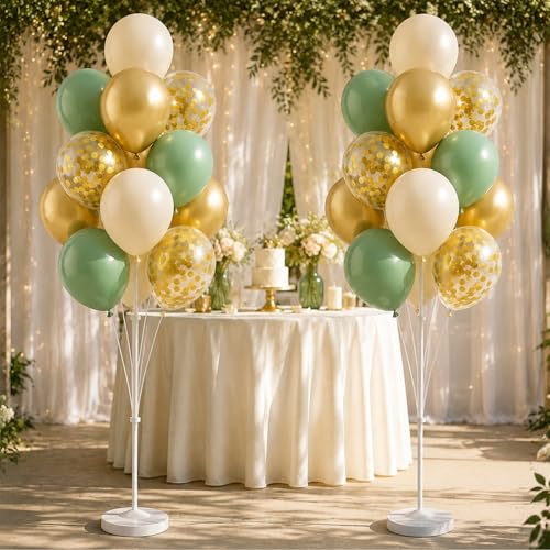 Image of Balloon Column Stand Kit with Balloons, Base and Pole, Balloon Column Kit for Floor or Table Backdrop Decoration for Party Wedding Baby Shower Birthday Graduation (T-Sage Green Gold)