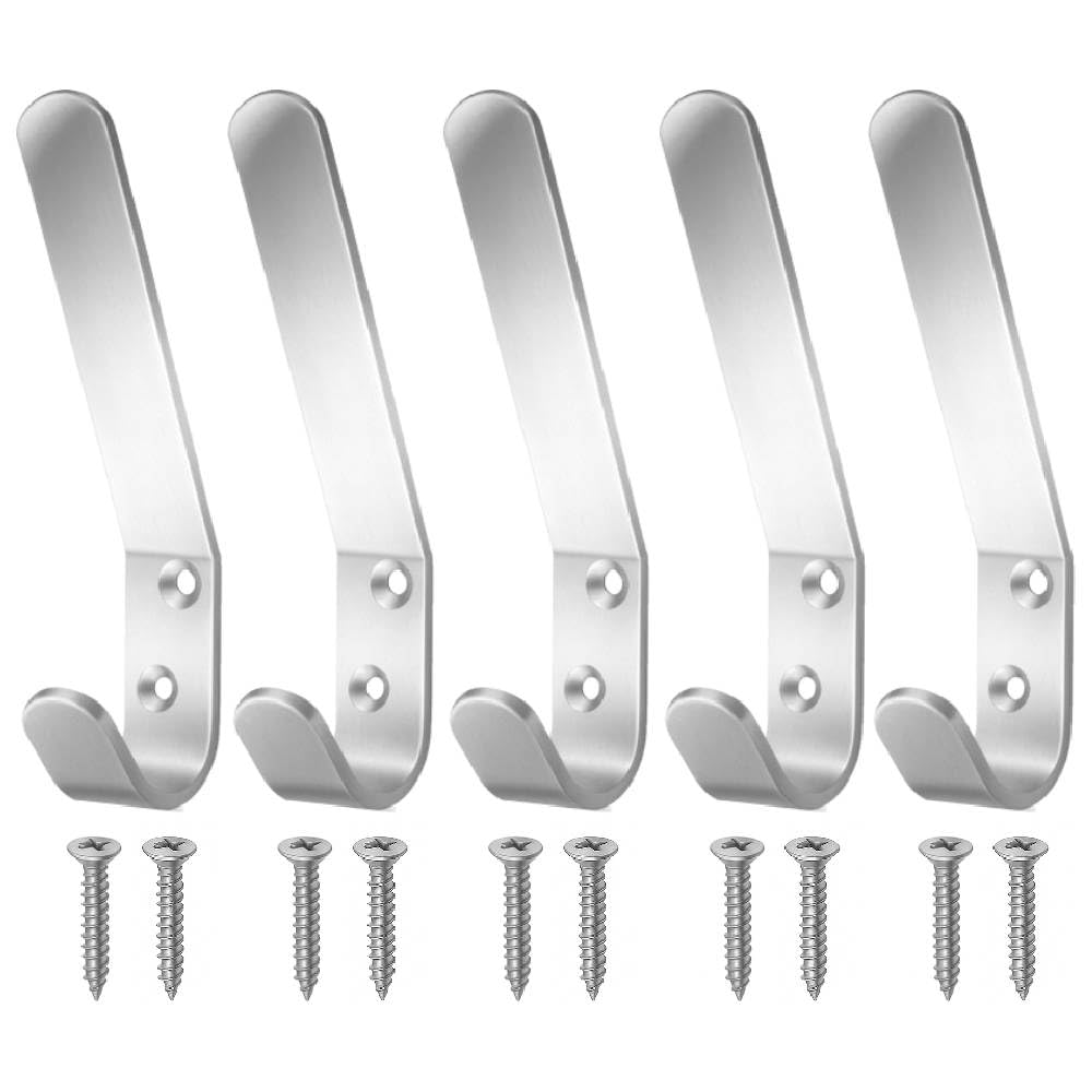 Aluminum Double Hat and Coat Hanger Hooks with Fixing Screws, 5 Pack