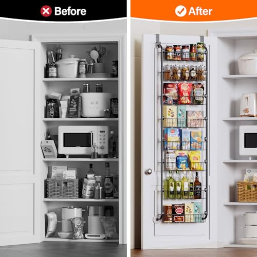 Image of Delamu Over The Door Pantry Organizer, 8-Tier Pantry Door Organizers and Storage, Metal Hanging Spice Rack, Seasoning Organizer, Door Organizer for Home Kitchen Bathroom, Black