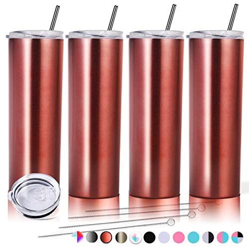 Zonegrace 4 Pack Stainless Steel Rose Gold Skinny Tumbler with straws,20 oz Stainless