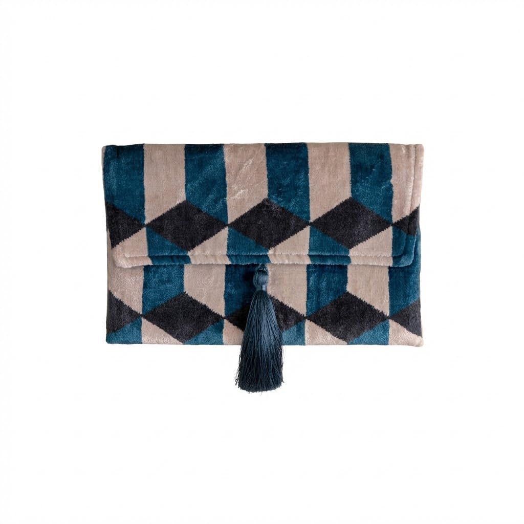 Bolso Ikat de terciopelo de seda hecho a mano, estilo sobre, diseño bohemio, patrón étnico, opción de correa de cadena, bolso de mano de fiesta de noche, bolso de mano de alta calidad, color