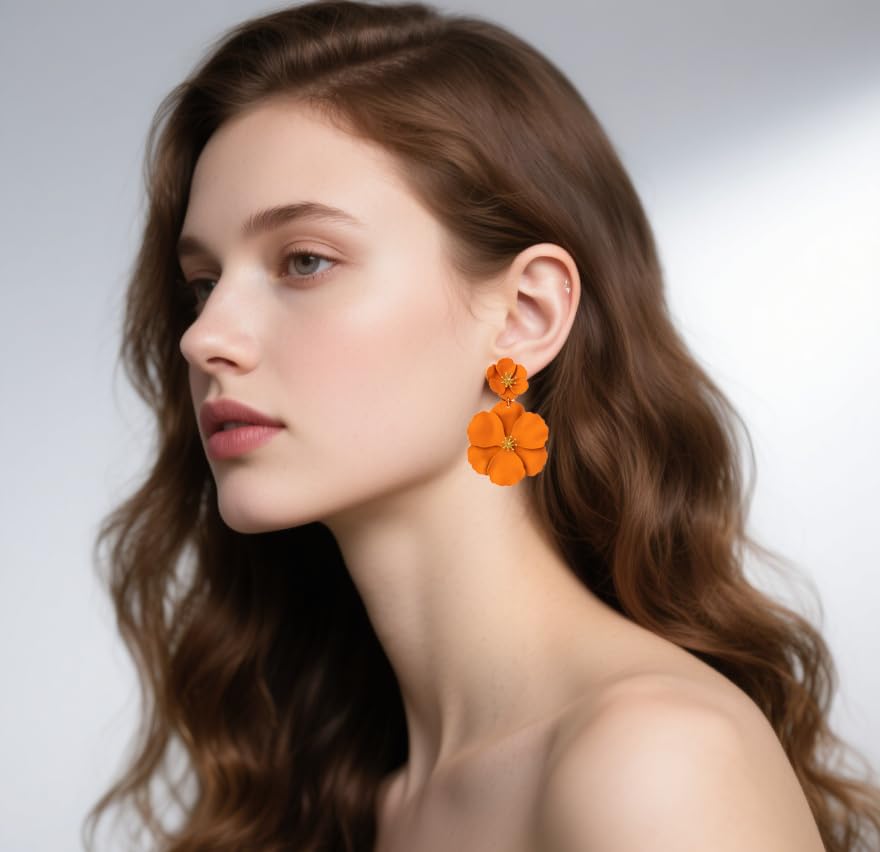 Flower Clip On Earrings - Floral Petal Drop Earrings Statement Hypoallergenic Flower Stud Earring for Women Wedding Jewelry Gifts3