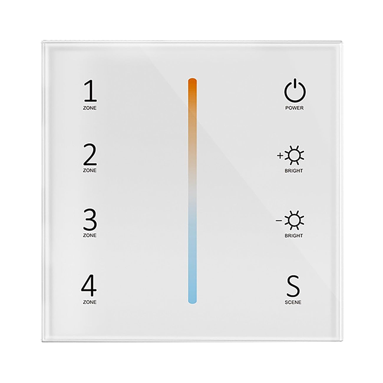 White 4 Zone 2.4GHz RF Wireless Wall Mounted Touch Glass Panel Remote Control for CCT LED Strip Lights (2xAAA Batteries)