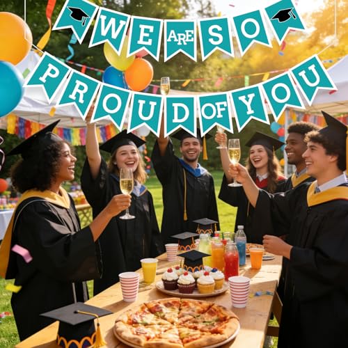 Image of Teal We Are So Proud Of You Banner Congrats Grad Cap Bunting Flag Grad Party Decoration Idea
