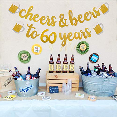 Cheers & Beers to 60 Years Gold Glitter Banner for 60th Birthday Wedding Anniversary Party Decorations Pre Strung & Ready To Hang