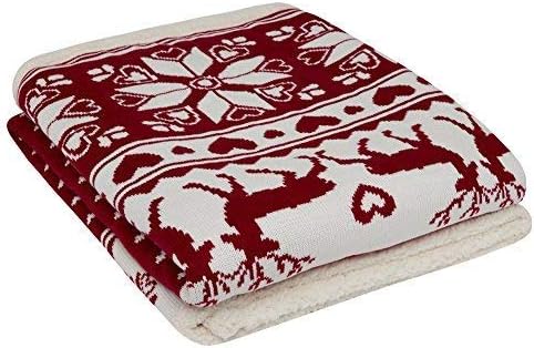 Knitted Throw Blanket with Sherpa for Bed and Couch 50 x 60 Inch (Knit-Reindeer)