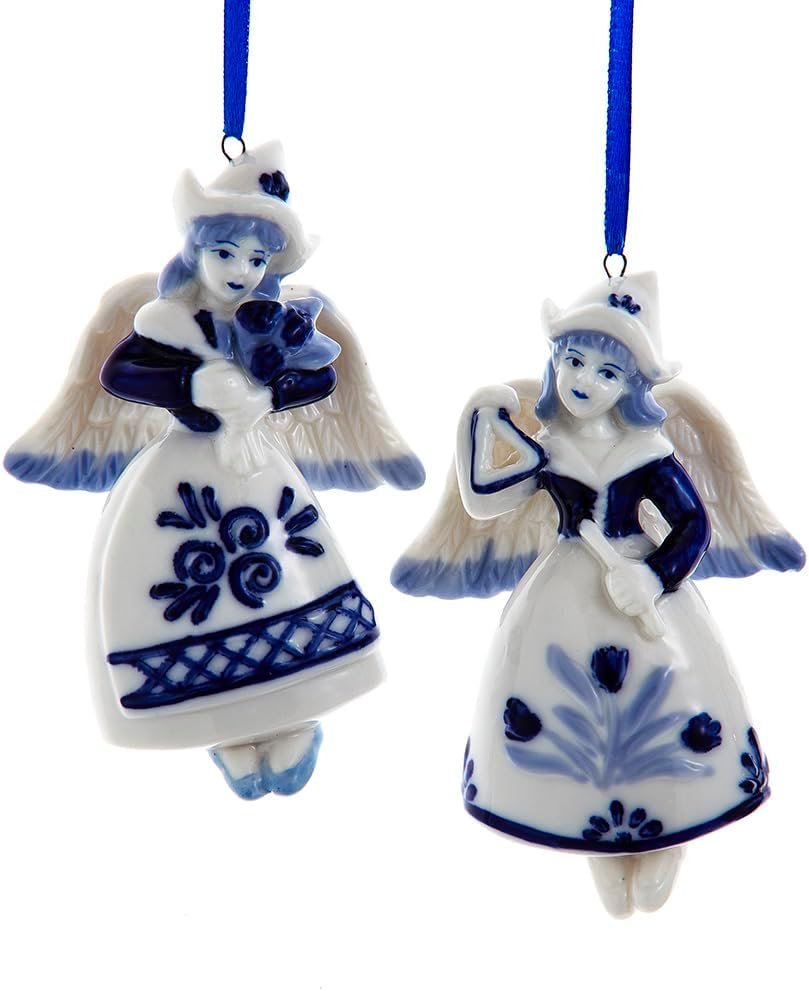 Kurt Adler 4-Inch Blue White Porcelain Angel Ornament 2 Assorted