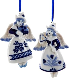Kurt Adler 4-Inch Blue White Porcelain Angel Ornament 2 Assorted